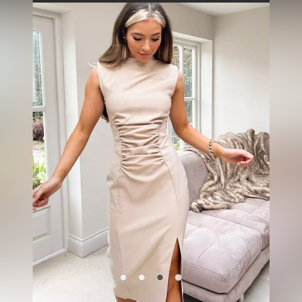 High neck pencil midi dress with gathered waist and cap sleeves in soft camel